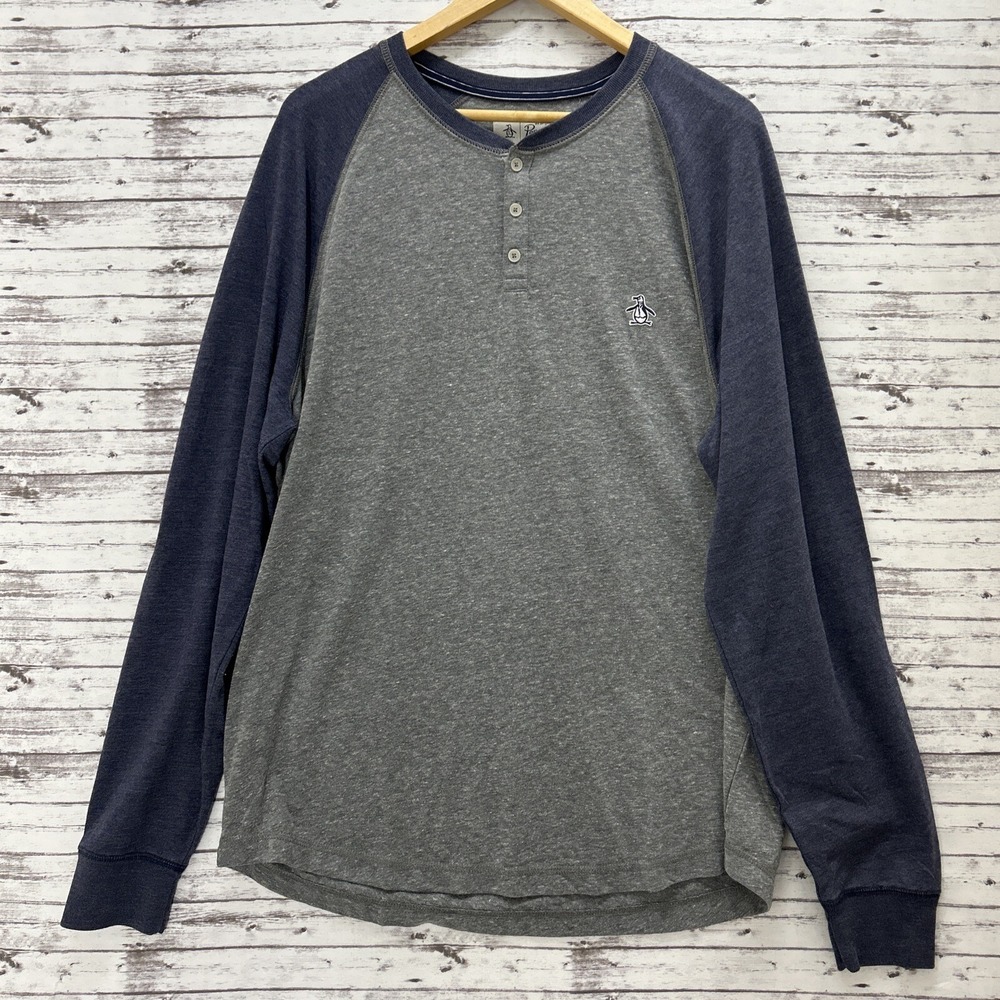 Penguin By Munsingwear Henley Shirt Men's XL Long Sleeve Pullover Heather Gray